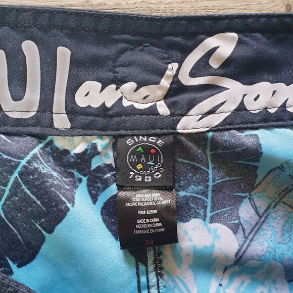 Maui Sons Men Blue Hawaiian Floral Swim Trunks Size 34 Board Shorts Pool Beach - Picture 6 of 8